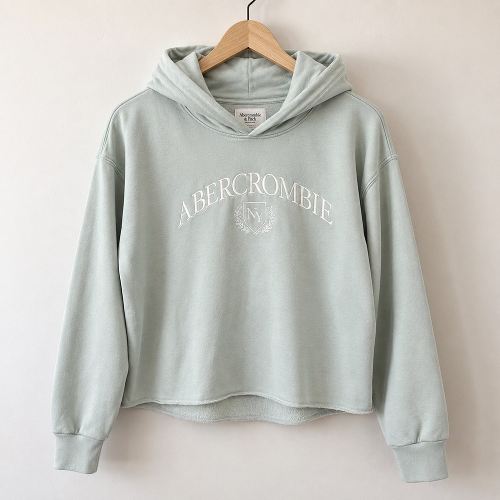 Abercrombie & Fitch Soft A&F Collection Cropped Hoodie Sage Green NY Logo Medium